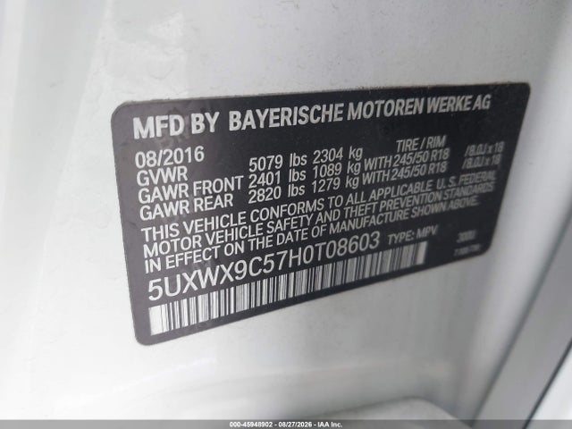 45948902 :رقم المزاد ، 5UXWX9C57H0T08603 vin ، 2017 Bmw X3 Xdrive28i مزاد بيع