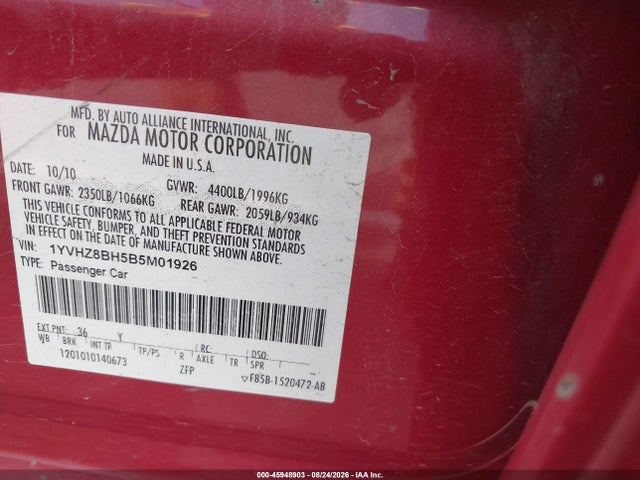 Aukcja sprzedaży 2011 Mazda Mazda6 I Sport, vin: 1YVHZ8BH5B5M01926, numer aukcji: 45948903