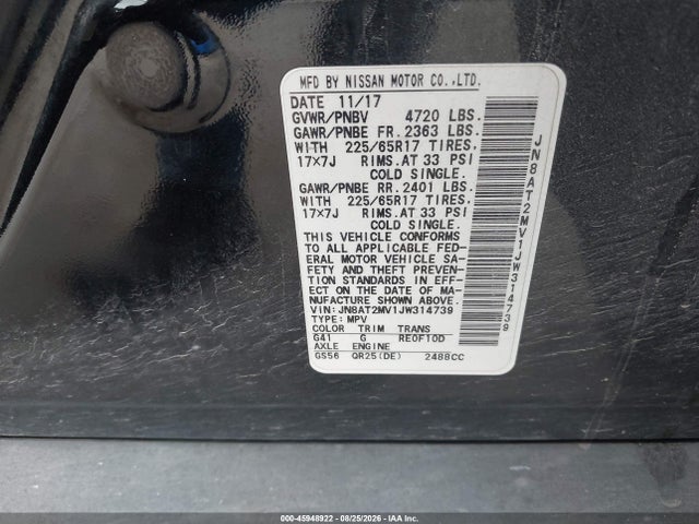 2018 Nissan Rogue Sv მანქანა იყიდება აუქციონზე, vin: JN8AT2MV1JW314739, აუქციონის ნომერი: 45948922