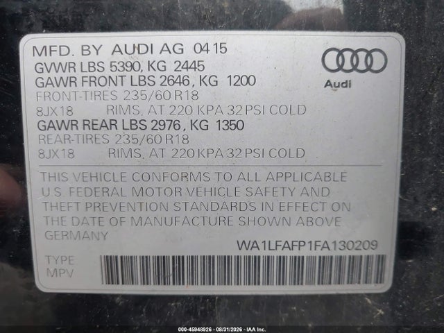 45948926 :رقم المزاد ، WA1LFAFP1FA130209 vin ، 2015 Audi Q5 2.0t Premium مزاد بيع