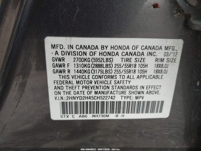 Продаж на аукціоні авто 2012 Acura Mdx Technology Package, vin: 2HNYD2H45CH522742, номер лоту: 45948932