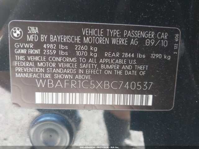 45948934 :رقم المزاد ، WBAFR1C5XBC740537 vin ، 2011 Bmw 528i مزاد بيع