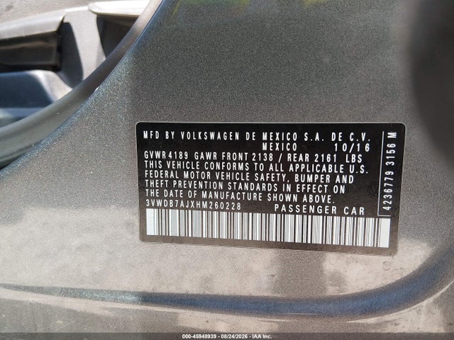 2017 Volkswagen Jetta 1.4t Se მანქანა იყიდება აუქციონზე, vin: 3VWDB7AJXHM260228, აუქციონის ნომერი: 45948939
