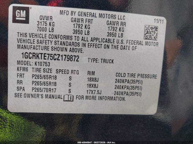 Продаж на аукціоні авто 2012 Chevrolet Silverado 1500 Ltz, vin: 1GCRKTE75CZ179872, номер лоту: 45948947