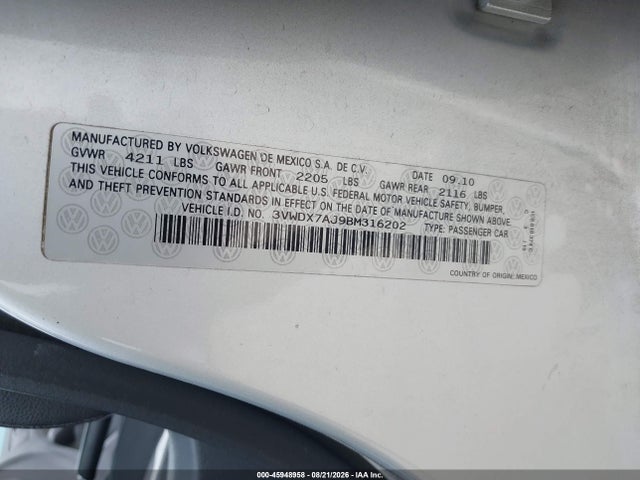 Продажа на аукционе авто 2011 Volkswagen Jetta 2.5l Se, vin: 3VWDX7AJ9BM316202, номер лота: 45948958