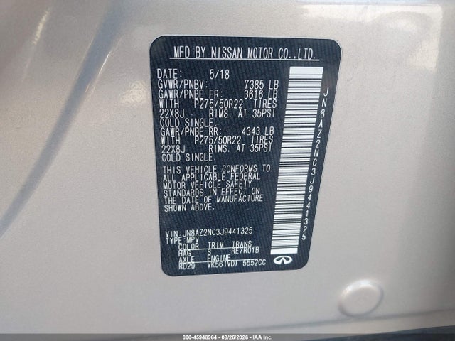 2018 Infiniti Qx80 მანქანა იყიდება აუქციონზე, vin: JN8AZ2NC3J9441325, აუქციონის ნომერი: 45948964
