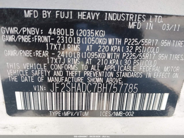 Продажа на аукционе авто 2011 Subaru Forester 2.5x Premium, vin: JF2SHADC7BH757785, номер лота: 45948967