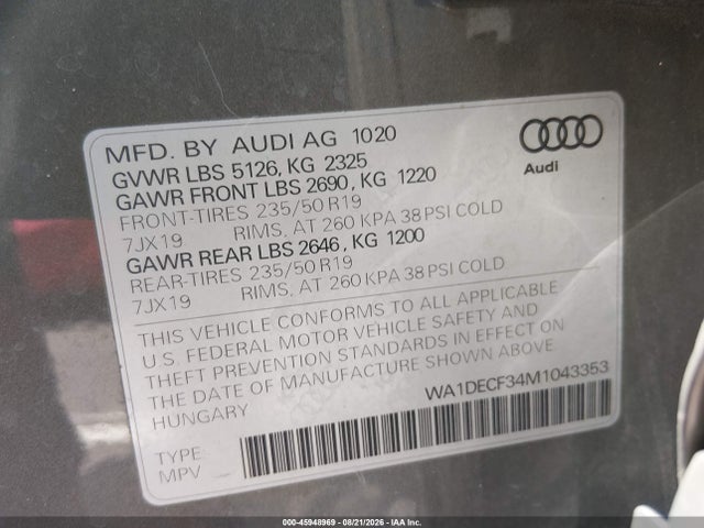 2021 Audi Q3 Premium 45 Tfsi S Line Quattro Tiptronic მანქანა იყიდება აუქციონზე, vin: WA1DECF34M1043353, აუქციონის ნომერი: 45948969
