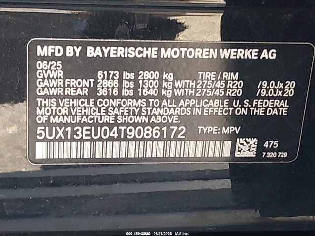 2026 Bmw X5 Sdrive40i მანქანა იყიდება აუქციონზე, vin: 5UX13EU04T9086172, აუქციონის ნომერი: 45948980