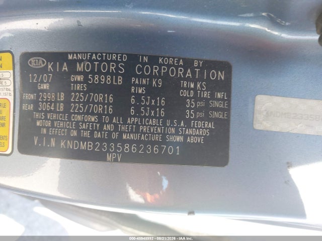 2008 Kia Sedona Lx მანქანა იყიდება აუქციონზე, vin: KNDMB233586236701, აუქციონის ნომერი: 45948992