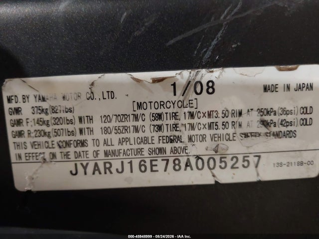 45948999 :رقم المزاد ، JYARJ16E78A005257 vin ، 2008 Yamaha Yzfr6 مزاد بيع