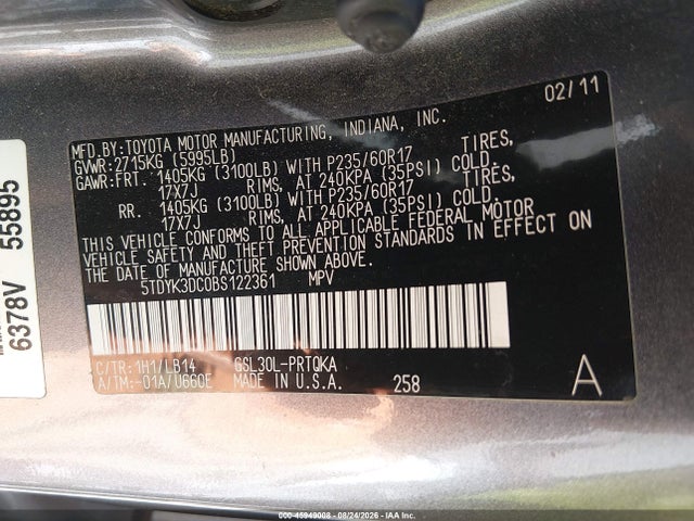 Aukcja sprzedaży 2011 Toyota Sienna Xle V6, vin: 5TDYK3DC0BS122361, numer aukcji: 45949008