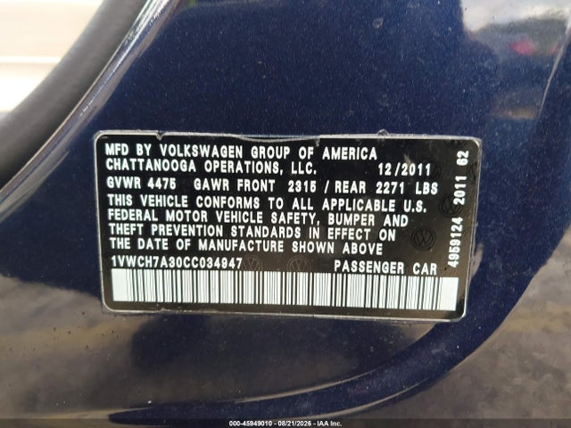 Продаж на аукціоні авто 2012 Volkswagen Passat 2.5l Sel, vin: 1VWCH7A30CC034947, номер лоту: 45949010