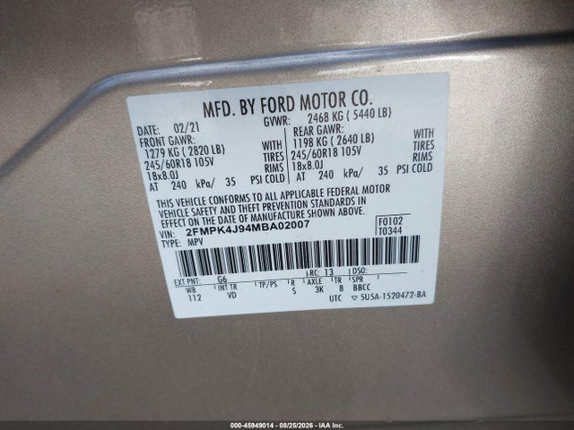 Продаж на аукціоні авто 2021 Ford Edge Sel, vin: 2FMPK4J94MBA02007, номер лоту: 45949014