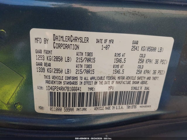 2007 Dodge Grand Caravan Se მანქანა იყიდება აუქციონზე, vin: 1D4GP24RX7B166641, აუქციონის ნომერი: 45949016