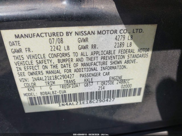 45949018 :رقم المزاد ، 1N4AL21E18C290427 vin ، 2008 Nissan Altima 2.5 S مزاد بيع