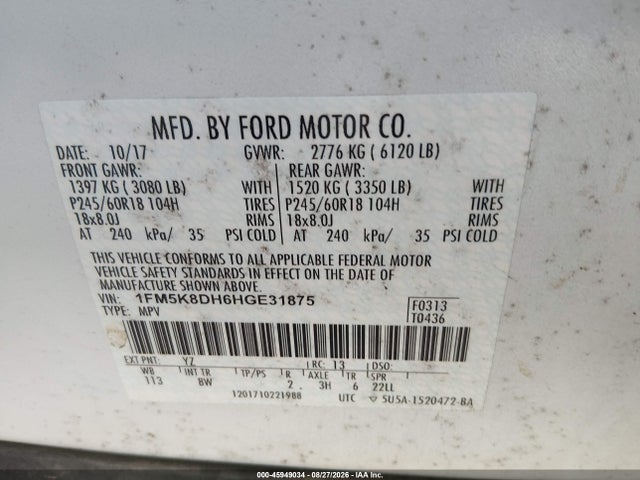 45949034 :رقم المزاد ، 1FM5K8DH6HGE31875 vin ، 2017 Ford Explorer Xlt مزاد بيع