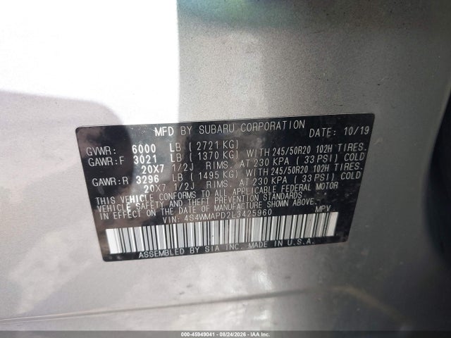 45949041 :رقم المزاد ، 4S4WMAPD2L3425960 vin ، 2020 Subaru Ascent Limited مزاد بيع