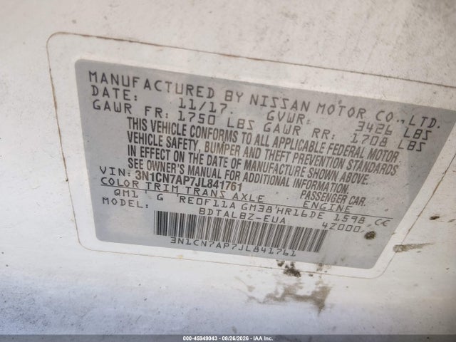 3N1CN7AP7JL841761 Nissan Versa 1.6 Sv