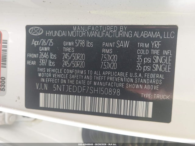 Aukcja sprzedaży 2025 Hyundai Santa Cruz Limited, vin: 5NTJEDDF7SH150898, numer aukcji: 45949049