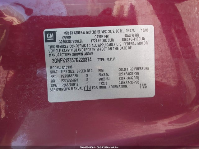 2007 Chevrolet Avalanche 1500 Lt მანქანა იყიდება აუქციონზე, vin: 3GNFK12357G223374, აუქციონის ნომერი: 45949061