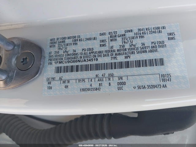Aukcja sprzedaży 2022 Ford Escape Se, vin: 1FMCU9G66NUA34519, numer aukcji: 45949069