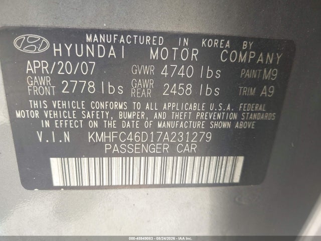 Продаж на аукціоні авто 2007 Hyundai Azera Gls, vin: KMHFC46D17A231279, номер лоту: 45949083