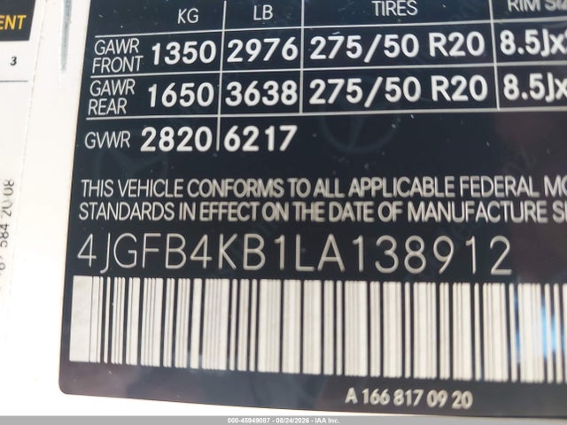 Aukcja sprzedaży 2020 Mercedes-benz Gle 350 4matic, vin: 4JGFB4KB1LA138912, numer aukcji: 45949087