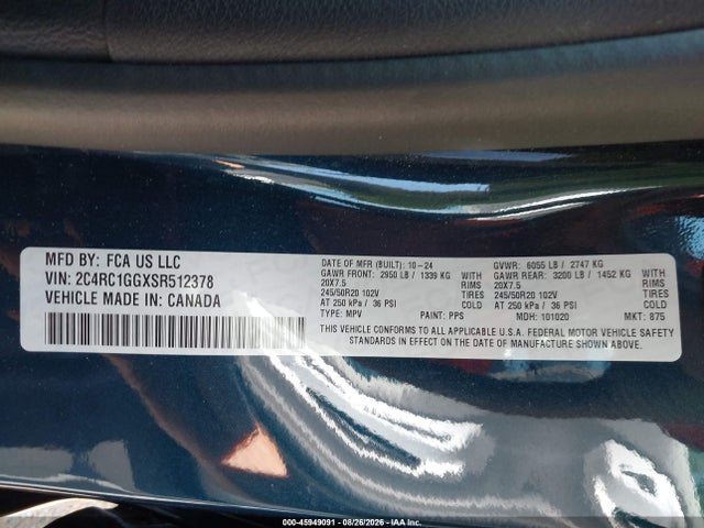 Aukcja sprzedaży 2025 Chrysler Pacifica Limited, vin: 2C4RC1GGXSR512378, numer aukcji: 45949091