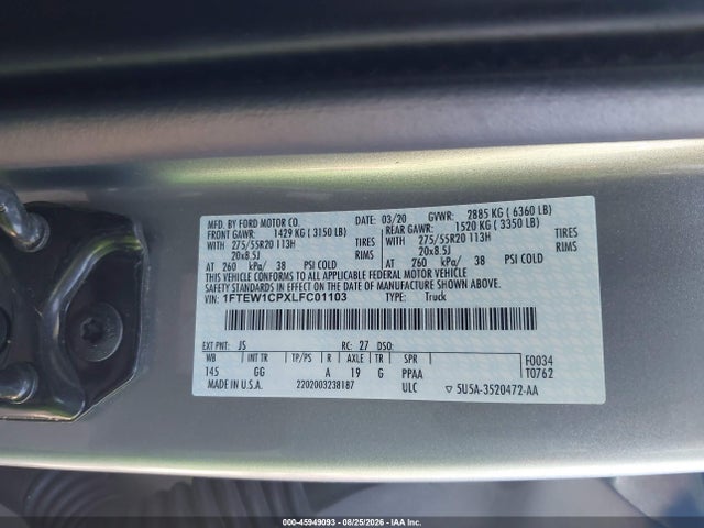 Aukcja sprzedaży 2020 Ford F-150 Xl, vin: 1FTEW1CPXLFC01103, numer aukcji: 45949093