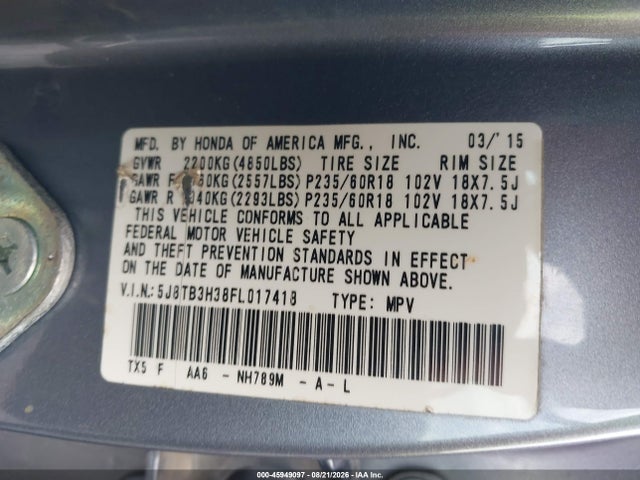 2015 Acura Rdx მანქანა იყიდება აუქციონზე, vin: 5J8TB3H38FL017418, აუქციონის ნომერი: 45949097
