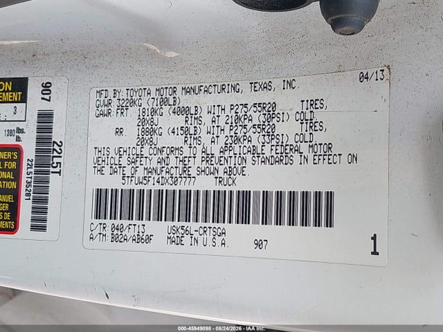 Продажа на аукционе авто 2013 Toyota Tundra Grade 5.7l V8, vin: 5TFUW5F14DX307777, номер лота: 45949098