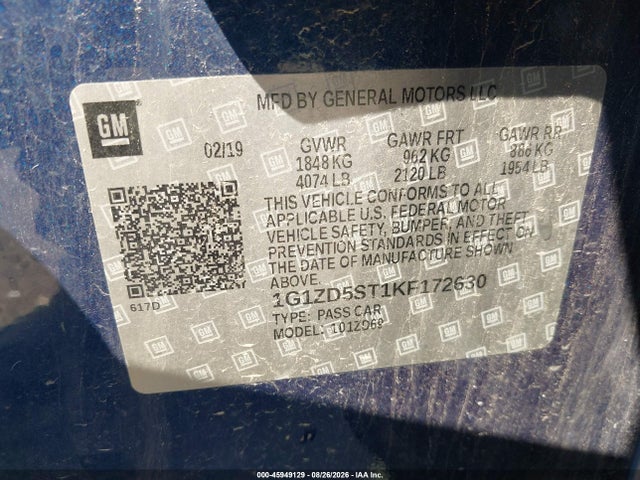 Aukcja sprzedaży 2019 Chevrolet Malibu Lt, vin: 1G1ZD5ST1KF172630, numer aukcji: 45949129