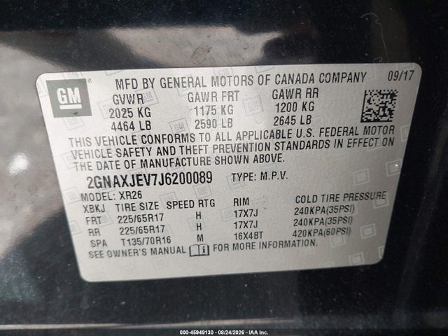 Aukcja sprzedaży 2018 Chevrolet Equinox Lt, vin: 2GNAXJEV7J6200089, numer aukcji: 45949130