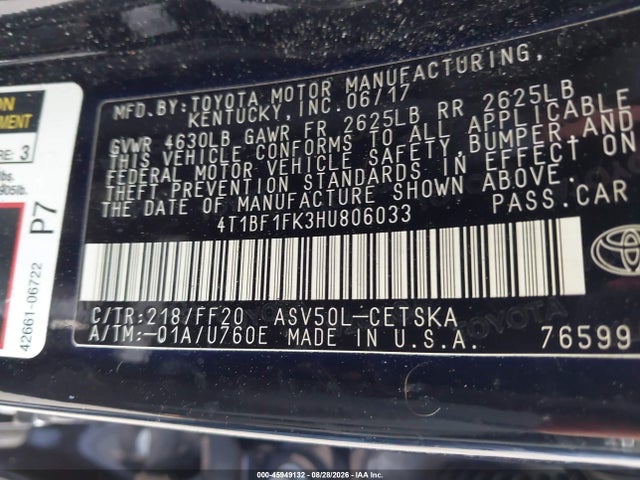 Aukcja sprzedaży 2017 Toyota Camry Se, vin: 4T1BF1FK3HU806033, numer aukcji: 45949132