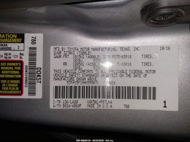 Aukcja sprzedaży 2017 Toyota Tundra Limited 5.7l V8, vin: 5TFHY5F19HX595071, numer aukcji: 45949138