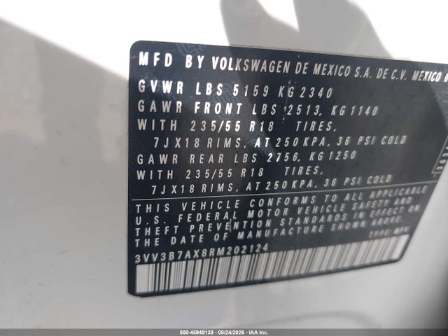 2024 Volkswagen Tiguan 2.0t Se/2.0t Wolfsburg Edition მანქანა იყიდება აუქციონზე, vin: 3VV3B7AX8RM202124, აუქციონის ნომერი: 45949139