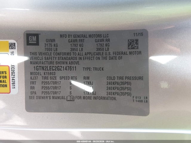 Продажа на аукционе авто 2016 Gmc Sierra 1500, vin: 1GTN2LEC2GZ147611, номер лота: 45949144