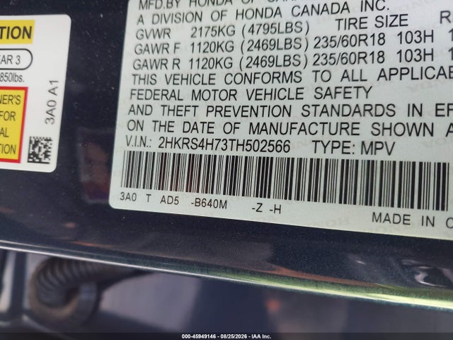 45949146 :رقم المزاد ، 2HKRS4H73TH502566 vin ، 2026 Honda Cr-v Ex-l Awd مزاد بيع