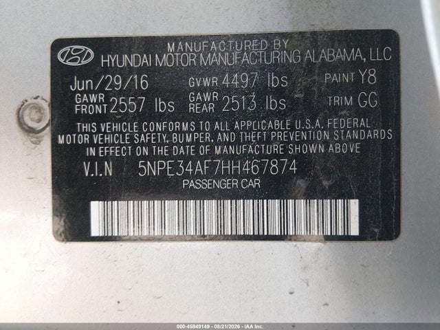 Aukcja sprzedaży 2017 Hyundai Sonata Sport, vin: 5NPE34AF7HH467874, numer aukcji: 45949149