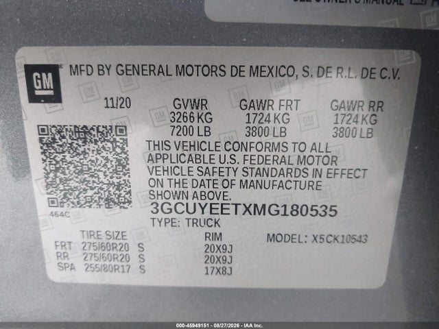 45949151 :رقم المزاد ، 3GCUYEETXMG180535 vin ، 2021 Chevrolet Silverado 1500 4wd  Short Bed Rst مزاد بيع
