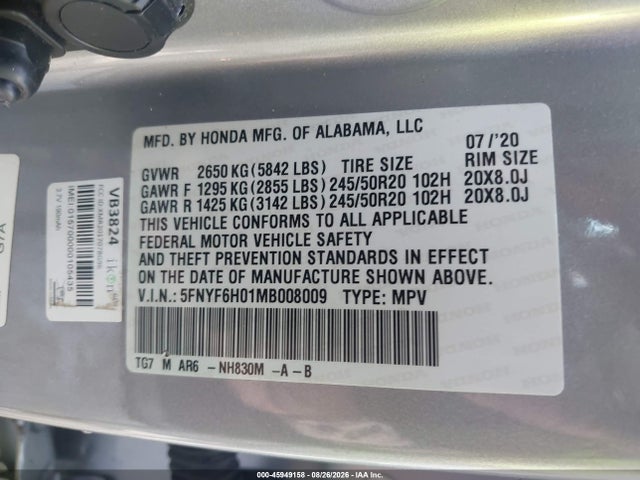 Продаж на аукціоні авто 2021 Honda Pilot Awd Elite, vin: 5FNYF6H01MB008009, номер лоту: 45949158