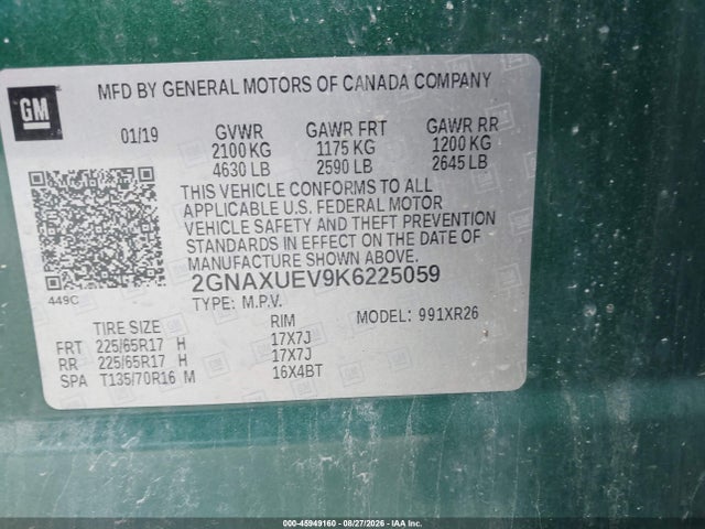 45949160 :رقم المزاد ، 2GNAXUEV9K6225059 vin ، 2019 Chevrolet Equinox Lt مزاد بيع