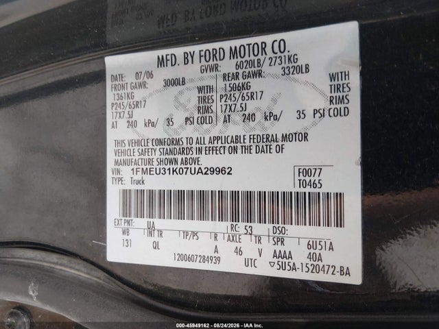 2007 Ford Explorer Sport Trac Xlt მანქანა იყიდება აუქციონზე, vin: 1FMEU31K07UA29962, აუქციონის ნომერი: 45949162