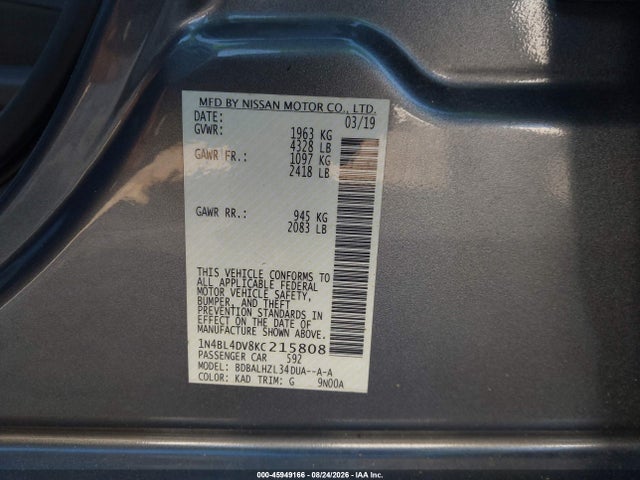 Aukcja sprzedaży 2019 Nissan Altima 2.5 Sv, vin: 1N4BL4DV8KC215808, numer aukcji: 45949166