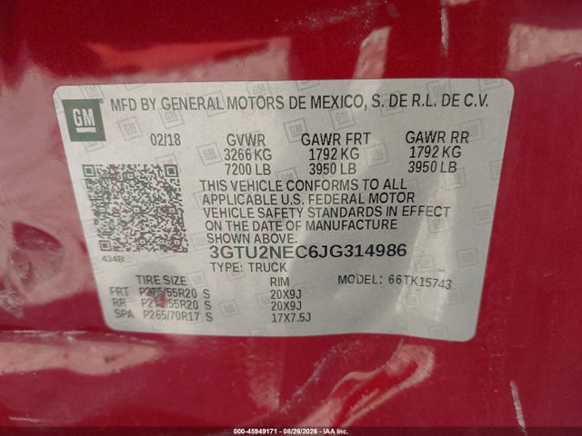 Aukcja sprzedaży 2018 Gmc Sierra 1500 Slt, vin: 3GTU2NEC6JG314986, numer aukcji: 45949171