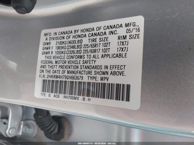 Продаж на аукціоні авто 2016 Honda Cr-v Ex-l, vin: 2HKRM4H79GH663679, номер лоту: 45949174