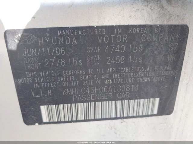 2006 Hyundai Azera Limited/se მანქანა იყიდება აუქციონზე, vin: KMHFC46F06A133814, აუქციონის ნომერი: 45949180