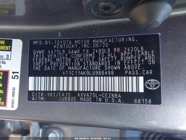 Aukcja sprzedaży 2020 Toyota Camry Le, vin: 4T1C11AK9LU966498, numer aukcji: 45949210