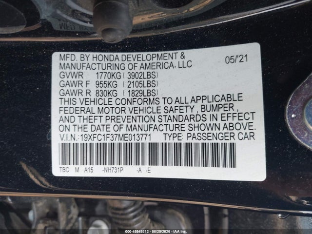 45949212 :رقم المزاد ، 19XFC1F37ME013771 vin ، 2021 Honda Civic Ex مزاد بيع
